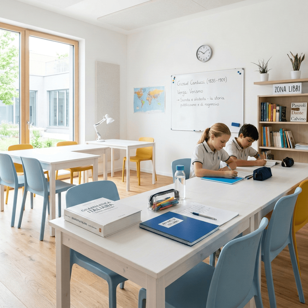 Two students writing at desks in a bright classroom with books and notebooks