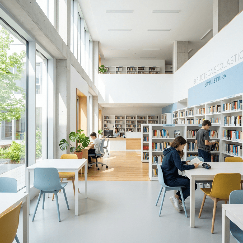 Students reading and studying at tables and bookshelves in a modern school library with large windows