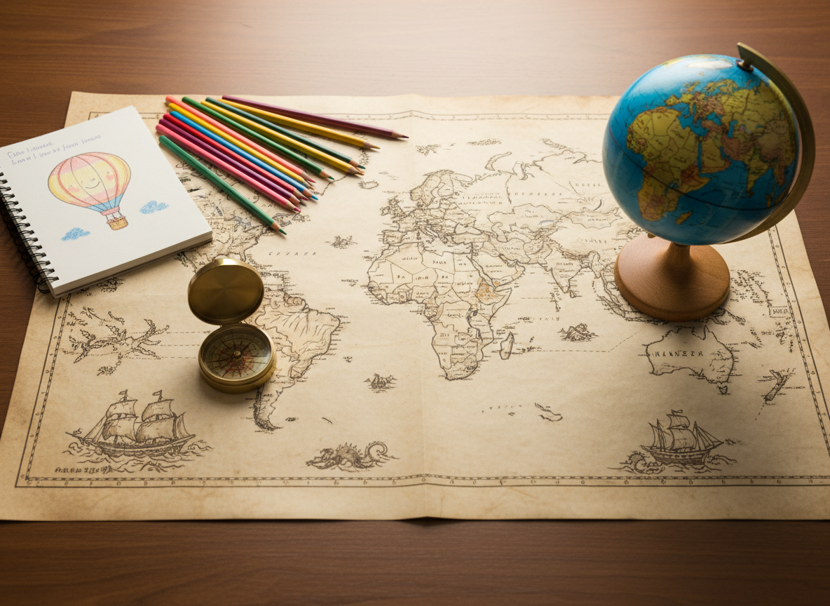 A detailed world map spread across a desk with a compass, colored pencils, and a small globe. Warm educational atmosphere, top-down view, professional and clean style suitable for a primary school teacher's website.